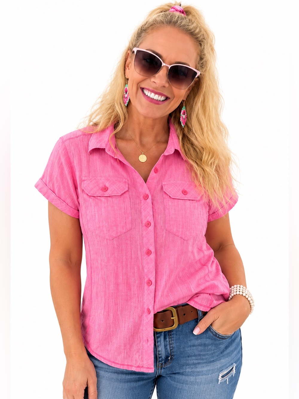 Columbia Pink 100% Cotton Button Up Shirt Medium Short Sleeve Travel Hiking